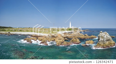 Aerial view of Shiriyazaki Lighthouse, the northernmost point of Honshu, Aomori Prefecture, Shimokita Peninsula Aerial view of Shiriyazaki Lighthouse, the northernmost point of Honshu, Aomori Prefecture, Shimokita Peninsula 126342471
