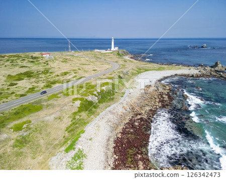 Aerial view of Shiriyazaki Lighthouse, the northernmost point of Honshu, Aomori Prefecture, Shimokita Peninsula Aerial view of Shiriyazaki Lighthouse, the northernmost point of Honshu, Aomori Prefecture, Shimokita Peninsula 126342473