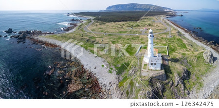 Aerial view of Shiriyazaki Lighthouse, the northernmost point of Honshu, Aomori Prefecture, Shimokita Peninsula 126342475