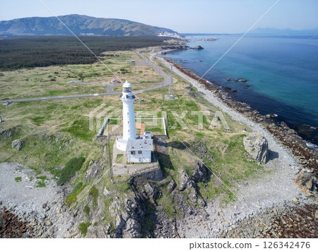 Aerial view of Shiriyazaki Lighthouse, the northernmost point of Honshu, Aomori Prefecture, Shimokita Peninsula 126342476