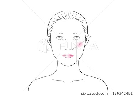 一個擁有基本腮紅的女人 |用於化妝練習和模擬的線條插畫 126342491