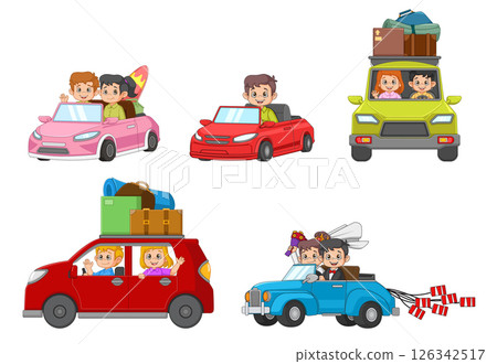 Childrens car. Set. Kids drives different cars of illustration 126342517