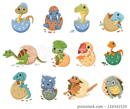 Cute baby dinosaurs hatching from egg set. Funny smiling new born prehistoric dino reptiles in shells collection of illustration 126342520
