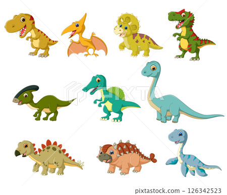 Dinosaurs set. Cartoon ancient reptiles, jurassic predators and herbivores of illustration 126342523