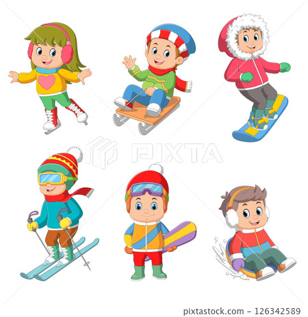 Winter sports for children. Colorful cartoon characters of illustration 126342589