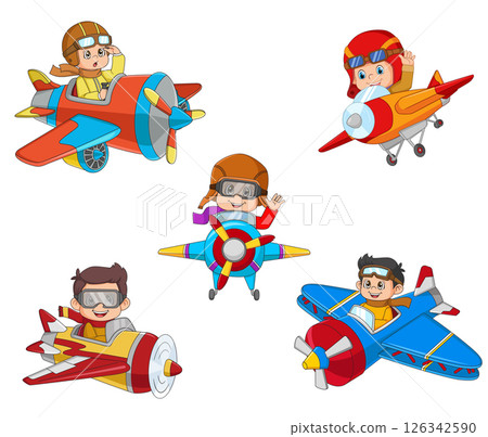 Set of children flying airplane of illustration Set of children flying airplane of illustration 126342590
