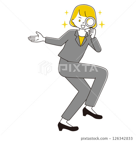 Full-body illustration of a woman in a suit looking into a magnifying glass in a comical pose - Sparkling 126342833