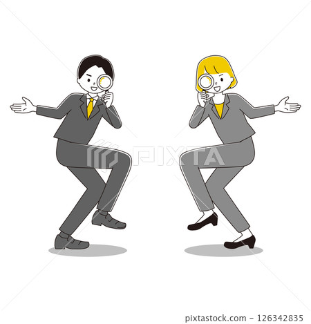 Full-body illustration set of a woman and man in a suit looking into a magnifying glass in a comical pose, smiling 126342835