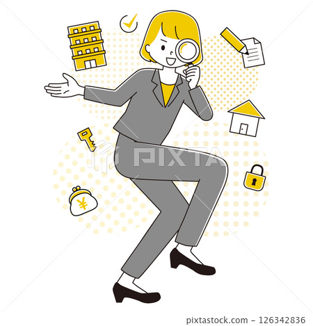 一位婦女以滑稽姿勢的插圖放大鏡房地產點背景 126342836