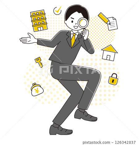 一個男人在一個滑稽的姿勢的插圖放大鏡房地產點背景 126342837