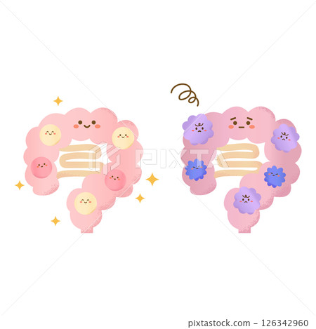 Hand-drawn style cute set of intestines with good and bad bacteria 126342960