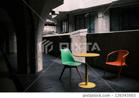 Empty colorful chairs and desks Empty colorful chairs and desks 126343003