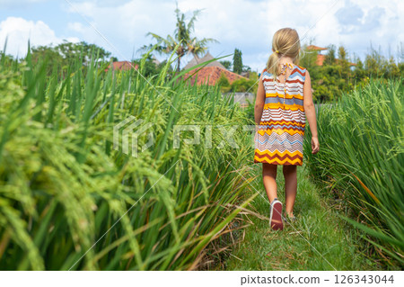 Nature walk in green rice terrace. Little kid trekking by path with beautiful view of Balinese traditional fields. Travel adventure with child, family vacation in Bali, Indonesia 126343044