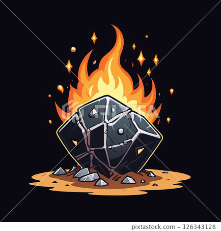 Burning rock surrounded by flames and sparks, with scattered debris and a dark background, vibrant colors highlighting the intense fire and cracked surface of the stone. 126343128