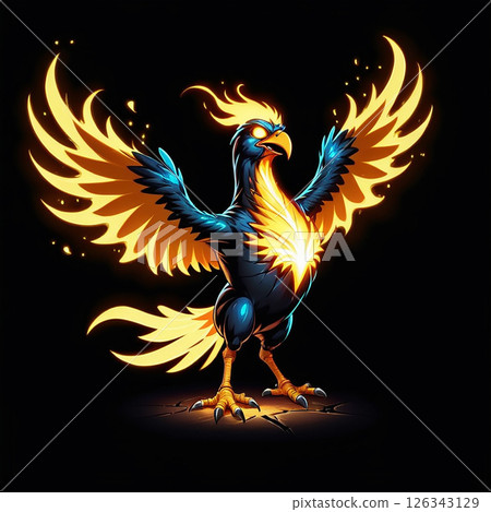 Majestic phoenix with vibrant blue and orange plumage soaring against a dark background, wings spread wide, surrounded by fiery sparks and glowing embers, showcasing mythical power and elegance. 126343129