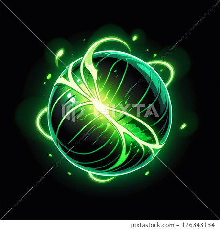Glowing green energy sphere with swirling patterns and luminous accents against a dark background, radiating vibrant energy and dynamic motion. Glowing green energy sphere with swirling patterns and luminous accents against a dark background, radiating vibrant energy and dynamic motion. 126343134