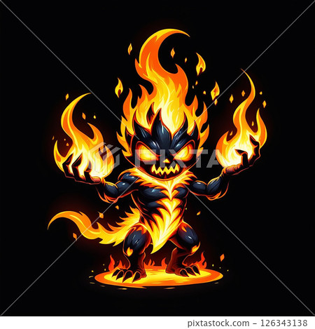 Fire creature with flames surrounding body, glowing eyes, fierce expression, dark background, cartoon style, fantasy character, dynamic pose, vibrant colors, magical aura, powerful presence. 126343138