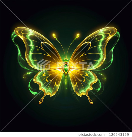Golden butterfly with glowing wings in vibrant green hues surrounded by light effects against a dark background, emphasizing beauty and elegance in nature. 126343139