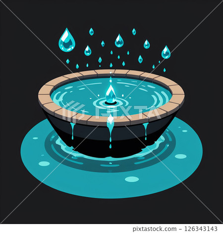 Water fountain with circular basin surrounded by drops of water in a minima design on a dark background highlighting the serenity of a tranquil water scene. 126343143
