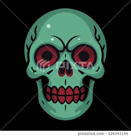 Green skull illustration with red eyes and an eerie expression featuring exaggerated jawline and clear outline, set against a simple dark background emphasizing its details. 126343144