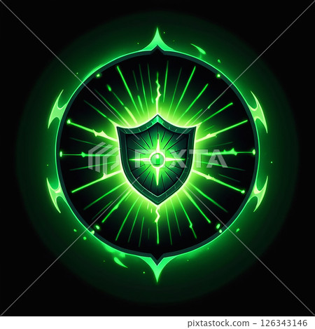 Glowing green shield emblem with radiant aura on a black background, featuring intricate designs and a centered jewel, representing protection and power in a mystical style. 126343146