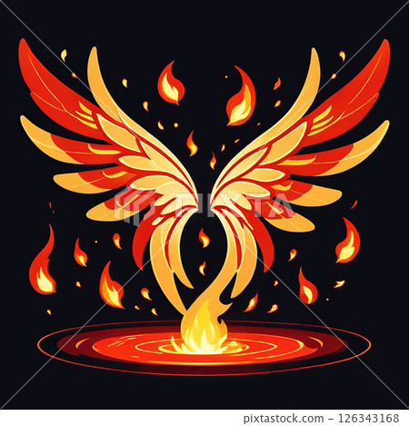 Fiery phoenix wings emerging from a swirling pool of flame against a dark background with glowing embers scattered around, creating an intense and vibrant visual effect. Fiery phoenix wings emerging from a swirling pool of flame against a dark background with glowing embers scattered around, creating an intense and vibrant visual effect. 126343168