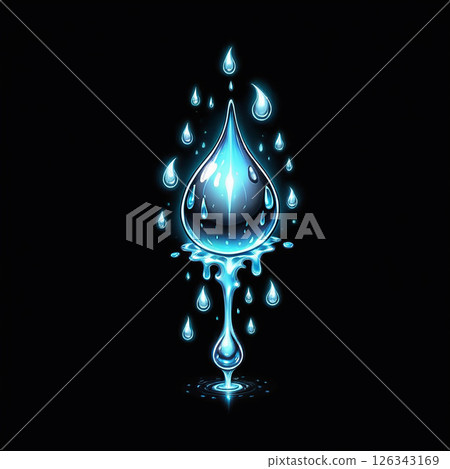 Luminous blue water drop with radiant highlights reflecting on a dark background, surrounded by smaller droplets cascading downwards in a smooth, fluid motion. 126343169