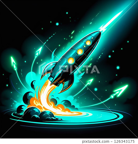 Bright rocket launching into a cosmic backdrop with vibrant blue and green flames, surrounded by glowing energy waves and abstract shapes in a digital art style. 126343175