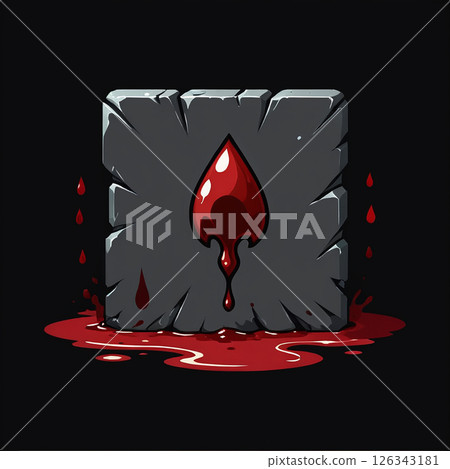 Red droplet falling from a textured gray stone with dark background and splashes of blood, creating a stark contrast in a visually striking and thematic design. Red droplet falling from a textured gray stone with dark background and splashes of blood, creating a stark contrast in a visually striking and thematic design. 126343181