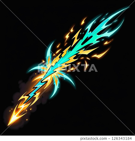 Electric spear glowing blue and orange with dynamic energy effects on dark background creating an intense and dramatic atmosphere perfect for fantasy or action themes. 126343184