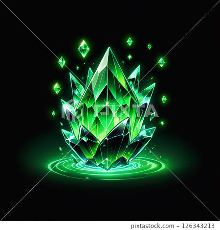 Shimmering green crystal cluster with sharp facets glowing against a dark background, surrounded by floating gems and sparkling light effects, creating an enchanting mystical atmosphere. 126343213