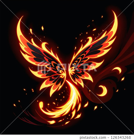 Fiery phoenix illustration with vibrant orange and black wings against a dark background, featuring swirling flames and dynamic movement, embodying strength and rebirth in an artistic design. Fiery phoenix illustration with vibrant orange and black wings against a dark background, featuring swirling flames and dynamic movement, embodying strength and rebirth in an artistic design. 126343268