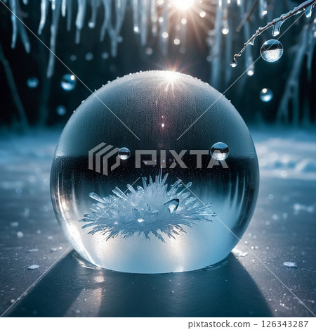 Translucent ice sphere resting on a reflective surface with delicate frost patterns surrounded by sparkling droplets and soft light effects illuminating the scene. 126343287