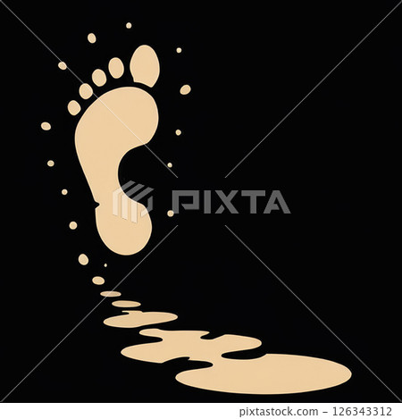 Footprint design with trailing marks on a dark background representing movement, journey, or exploration in a minima artistic style. 126343312