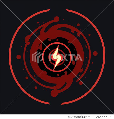 Red and black circular design featuring a spiral with a lightning bolt in the center, surrounded by abstract splashes and circular patterns on dark background. 126343328