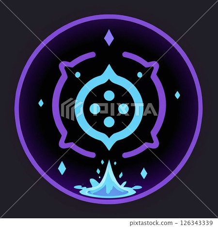 Mystical circular logo design with light blue and purple color scheme featuring a central symbol and surrounding decorative elements, emanating a sense of magic and fantasy. 126343339