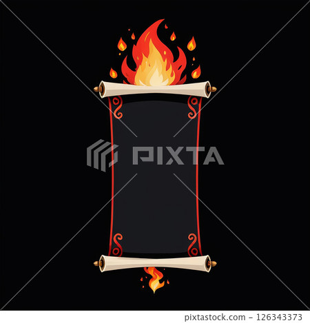 Burning scroll with flames and a blank canvas in the center, decorative edges with rolled ends, suitable for ancient or fantasy-themed designs and illustrations. 126343373