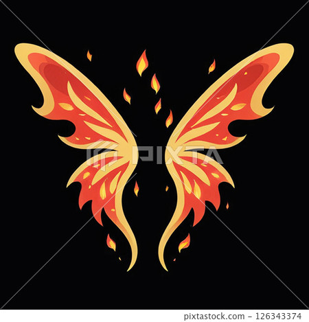 Flame-colored butterfly wings with a vibrant design and fiery accents against a black background, creating a visually striking and artistic representation. 126343374