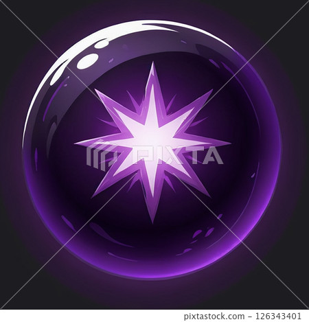 Bright purple star within a glossy orb, glowing with an ethereal light, surrounded by a dark background, creating a mystical and enchanting atmosphere emphasizing vibrant colors and shapes. 126343401