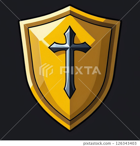 Golden shield with a black cross design, polished surface and rounded edges, set against a dark background, symbolizing protection, faith, and strength in heraldry and medieval themes. Golden shield with a black cross design, polished surface and rounded edges, set against a dark background, symbolizing protection, faith, and strength in heraldry and medieval themes. 126343403