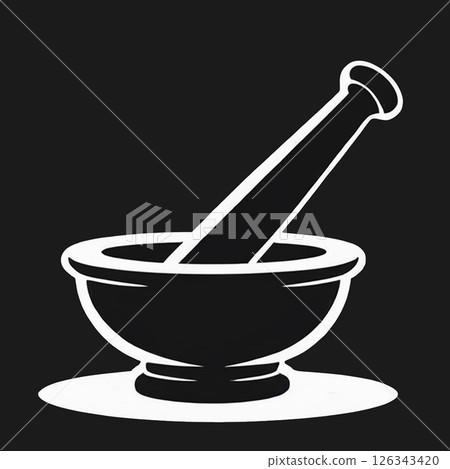 Mortar and pestle icon in a minima black and white style with a simple design commonly used in culinary and pharmaceutical contexts. 126343420