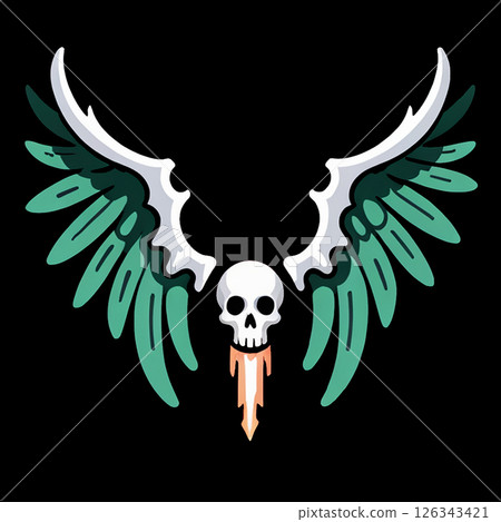 Skull centered between stylized wings with green feathers and white bone-like structure, artistic design on dark background highlighting bold graphics and contrasting colors. 126343421