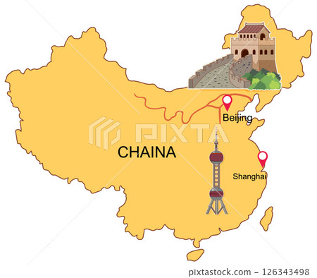 China Map with Landmarks Illustration 126343498
