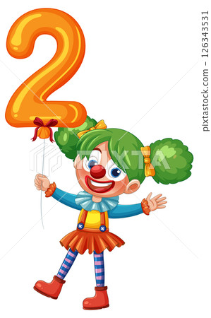 Cheerful Clown Holding Number Two Balloon 126343531