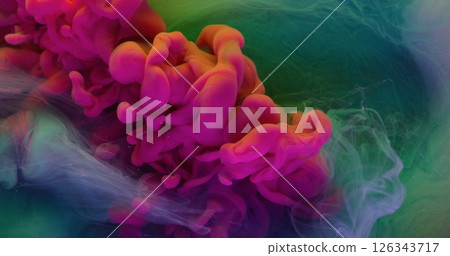 Wave fog. Smoke spray. Bright pink fluid burst in green liquid. Art splash paint on neon color defocused water abstract background. Wave fog. Smoke spray. Bright pink fluid burst in green liquid. Art splash paint on neon color defocused water abstract background. 126343717