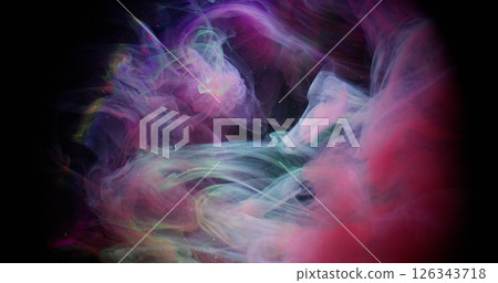 Fume explosion. Haze swirl. Colorful mist stream ink in sparkling abstract liquid. Fantasy blur drop dye blend on black background. 126343718
