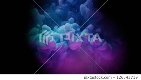 Neon smoke. Fog ink swirl. Colorful spray flow mix sparkling pigment. Blur purple fluorescent glow splash abstract black background. 126343719