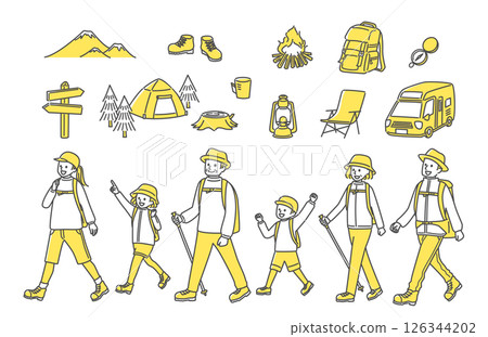 Three generation family going camping illustration set 126344202