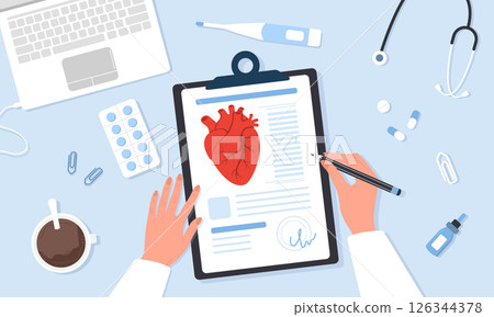 Cardiologist concept. Cardiac surgery. Male doctor researching heart transplantation. Internal organ surgeon. Flat Vector illustration 126344378