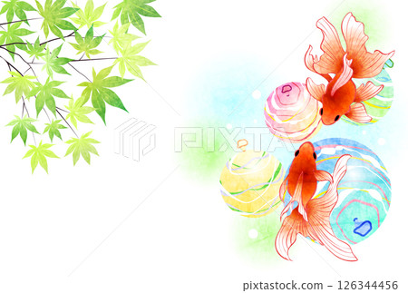 夏日問候,金魚,悠悠球,藍色楓葉,日式風格,可愛,背景,插圖,橫向 夏日問候,金魚,悠悠球,藍色楓葉,日式風格,可愛,背景,插圖,橫向 126344456